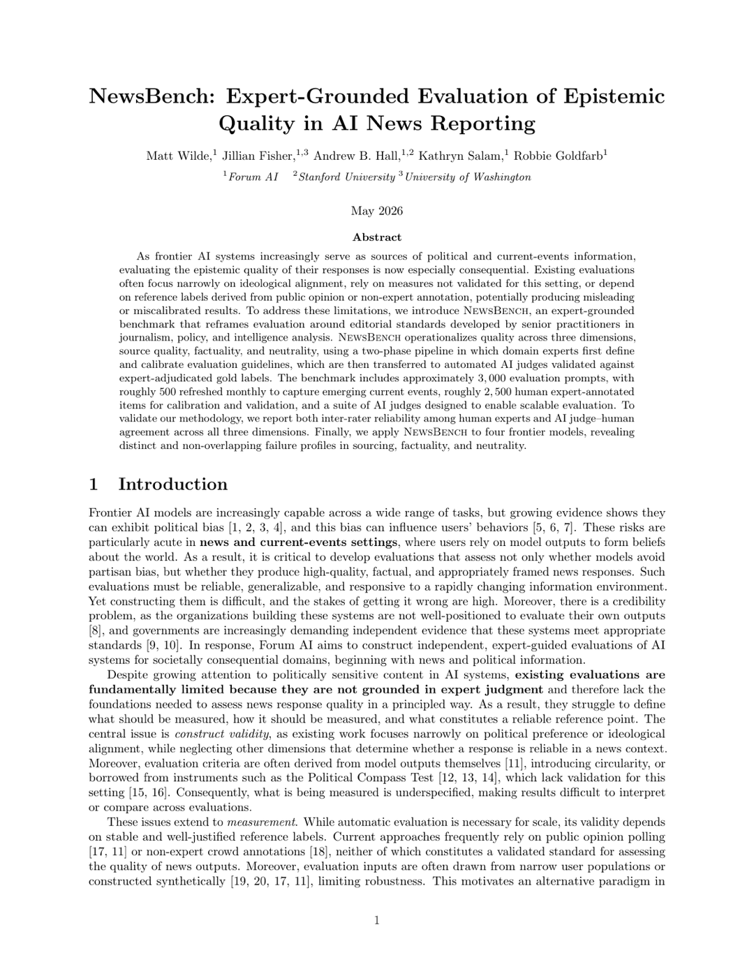 Preview of NewsBench: Expert-Grounded Evaluation of Epistemic Quality in AI News Reporting
